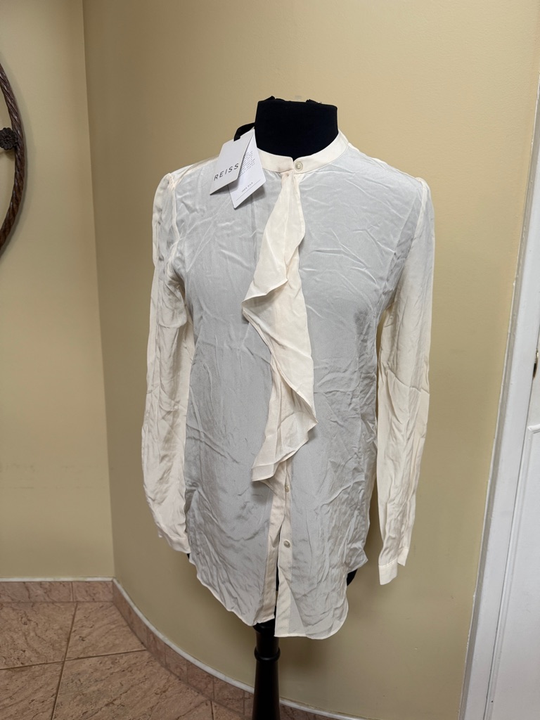 Nwt Reiss Cream Ruffle-Front Button Down Silk Blouse Size 6
